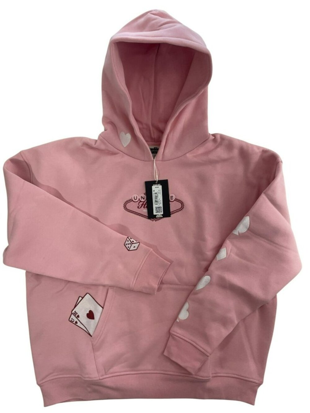 Unlike Humans Casino Pink Hooded Sweatshirt Aces Dice Graphics Unisex Size M NWT - Picture 1 of 8